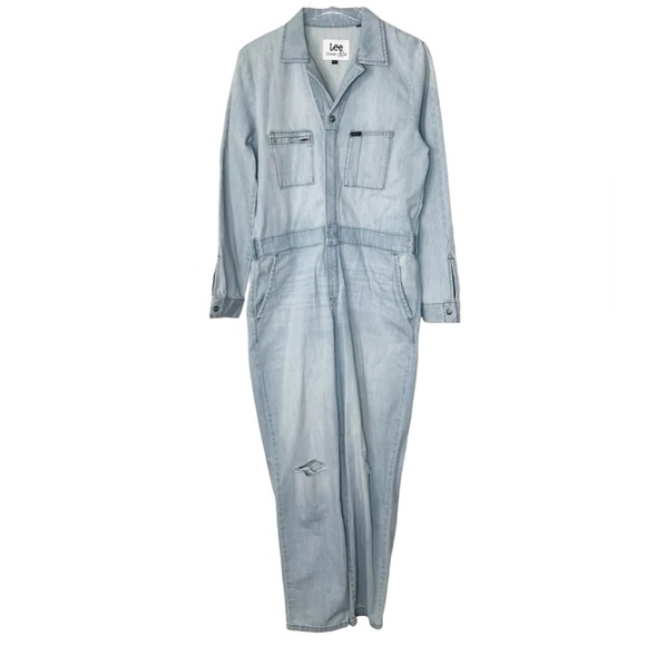 Lee Coveralls Jumpsuit Union All Denim Jeans Light Wash Long Sleeve Distressed M - Picture 3 of 16